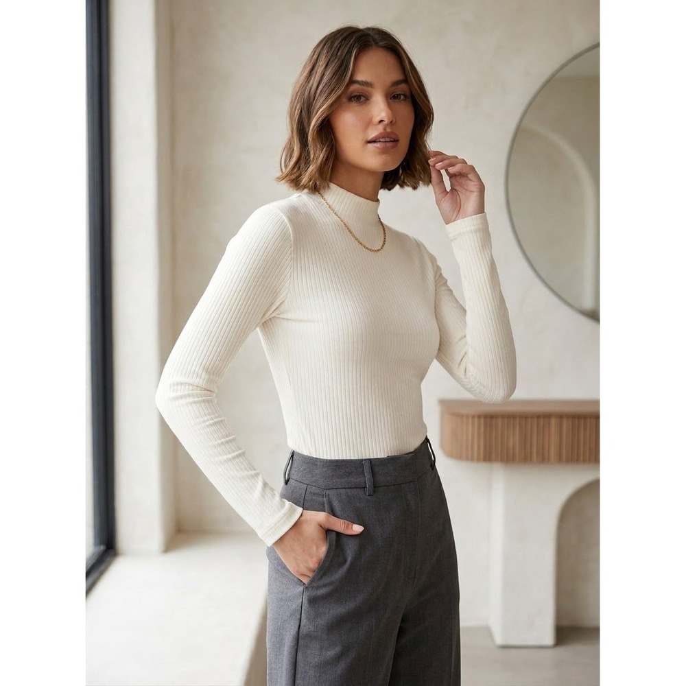 Free People Intimately Ribbed Mock Neck Long Sleeve Top Ivory White Small Cotton